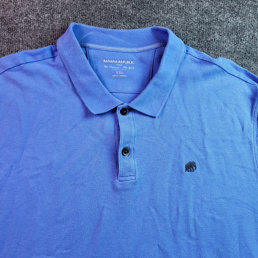 Banana Republic Mens XXL Blue Elephant Logo Short Sleeve Polo Shirt Cotton